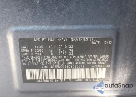 2013 Subaru Legacy 2.5I Premium from USA, damaged, VIN 4S3BMCG68D3026679